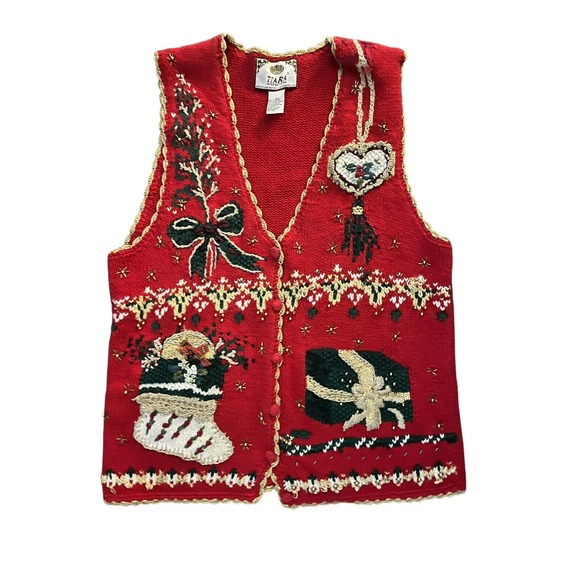 Vintage Christmas Sweater Vest Womens Large Beaded Embroidery Button Up Knit - Picture 1 of 10
